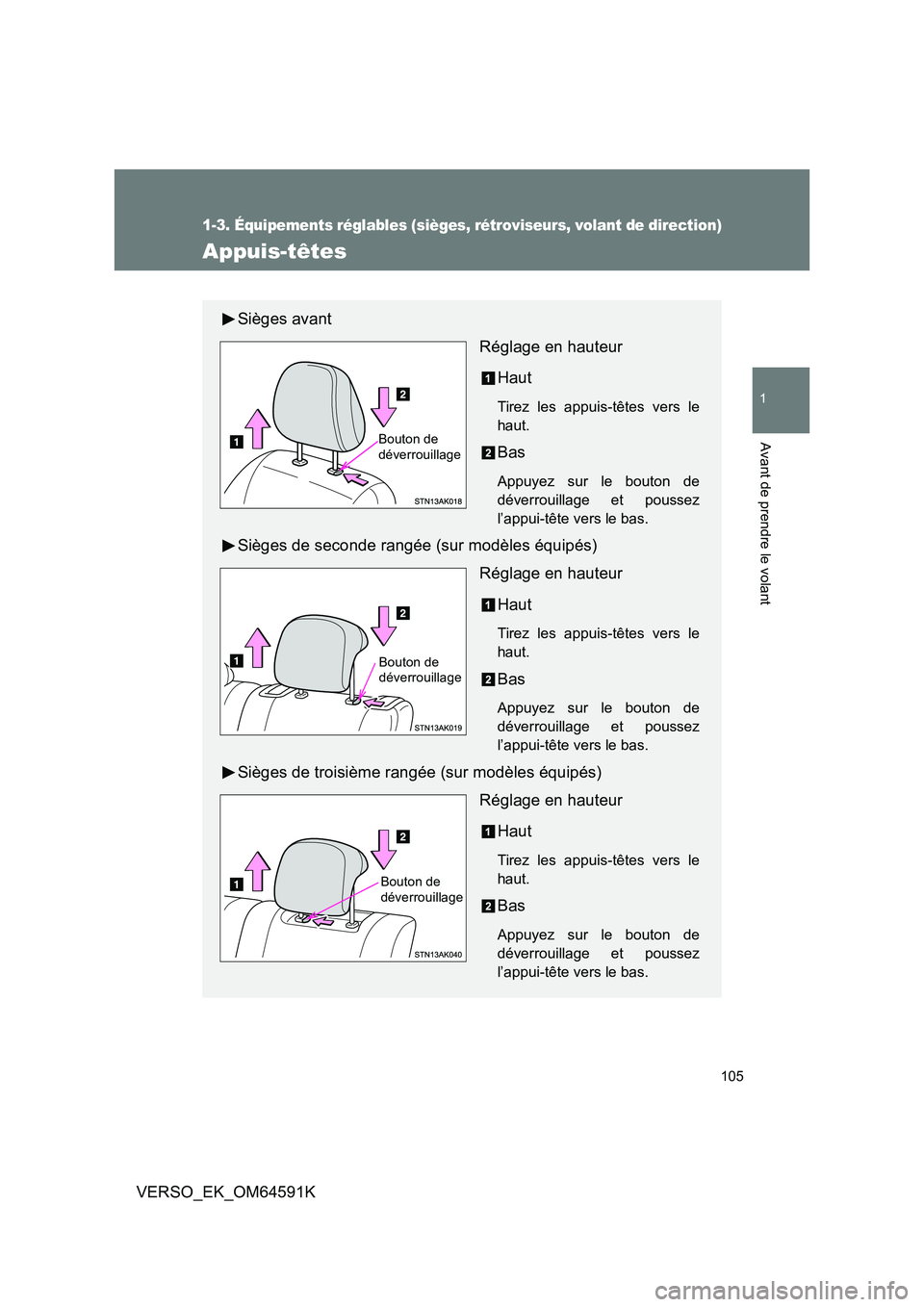 TOYOTA VERSO 2016  Notices Demploi (in French) 105
1
1-3. Équipements réglables (sièges, rétroviseurs, volant de direction)
Avant de prendre le volant
VERSO_EK_OM64591K
Appuis-têtes
Sièges avant 
Réglage en hauteur 
Haut
Tirez les appuis-t