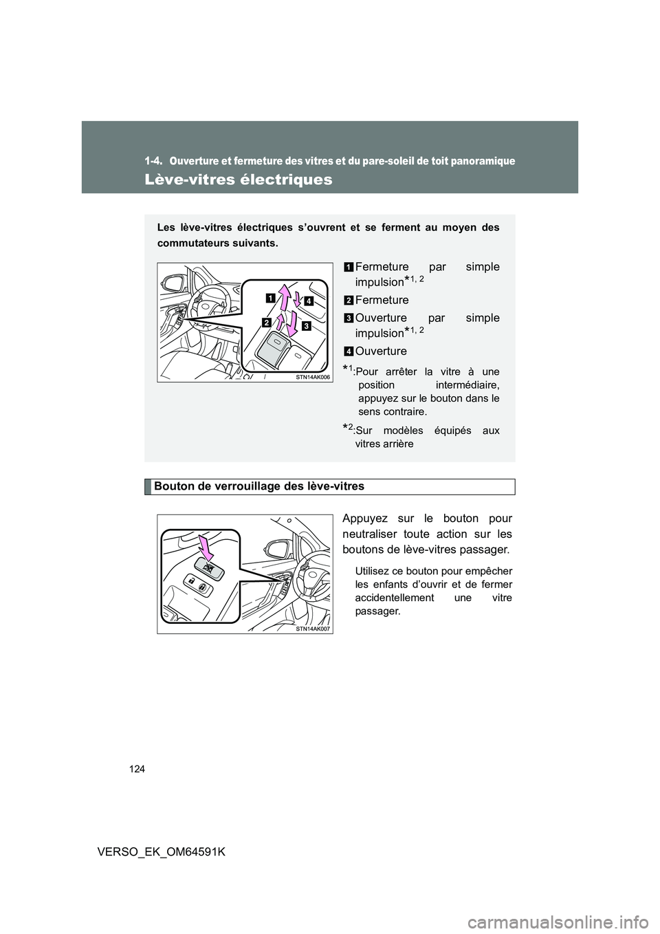 TOYOTA VERSO 2016  Notices Demploi (in French) 124
VERSO_EK_OM64591K
1-4. Ouverture et fermeture des vitres et du pare-soleil de toit panoramique
Lève-vitres électriques
Bouton de verrouillage des lève-vitres 
Appuyez sur le bouton pour 
neutra