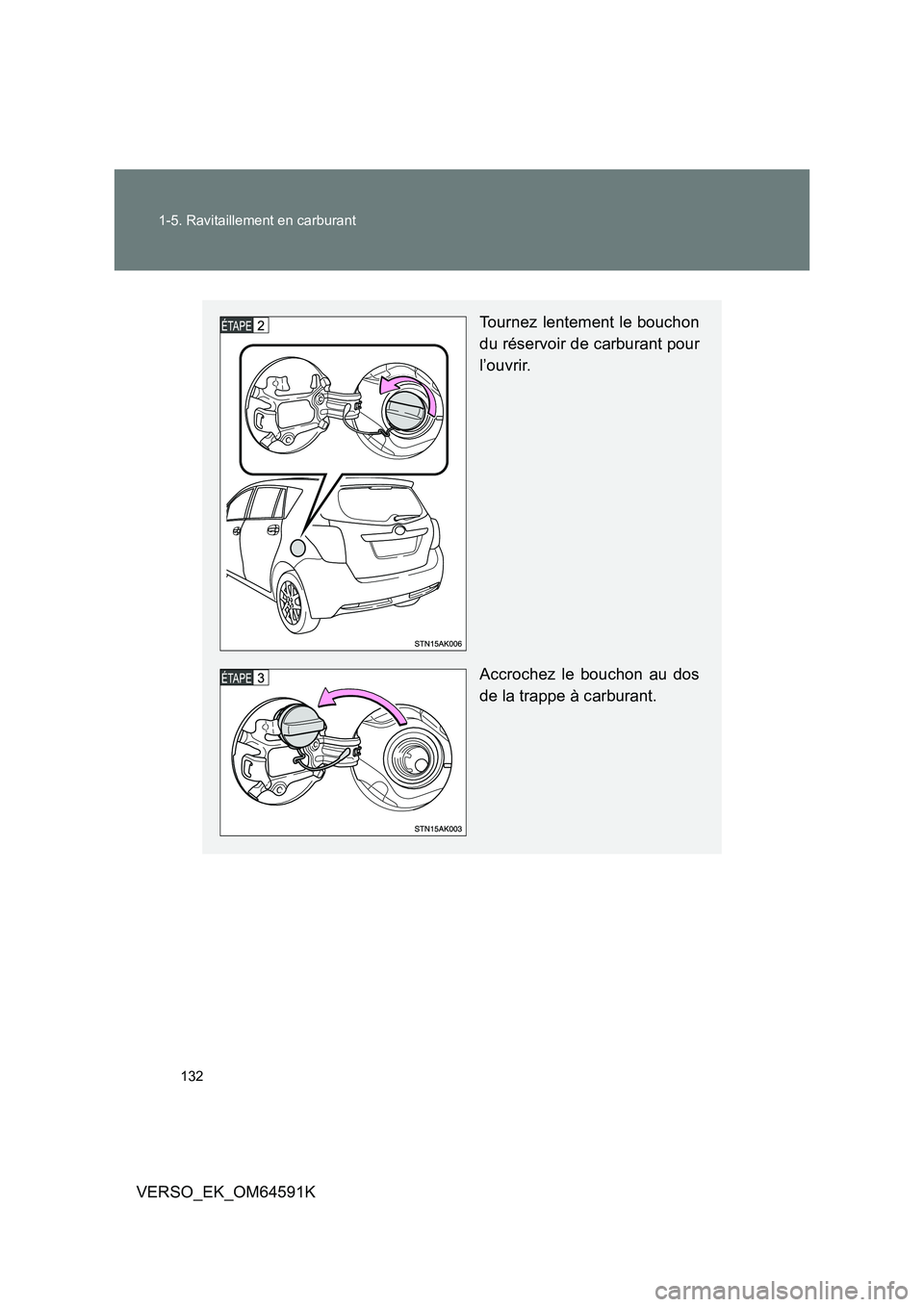 TOYOTA VERSO 2016  Notices Demploi (in French) 132 
1-5. Ravitaillement en carburant
VERSO_EK_OM64591K
Tournez lentement le bouchon 
du réservoir de carburant pour 
l’ouvrir. 
Accrochez le bouchon au dos 
de la trappe à carburant. 