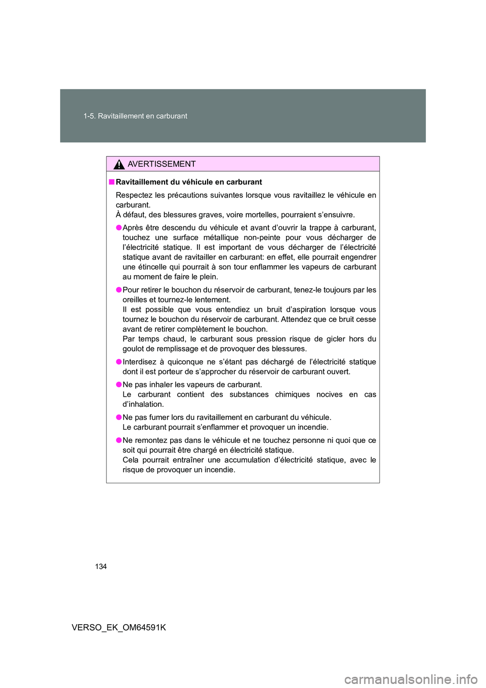 TOYOTA VERSO 2016  Notices Demploi (in French) 134 
1-5. Ravitaillement en carburant
VERSO_EK_OM64591K
AVERTISSEMENT
■ Ravitaillement du véhicule en carburant 
Respectez les précautions suivantes lorsque vous ravitaillez le véhicule en 
carbu