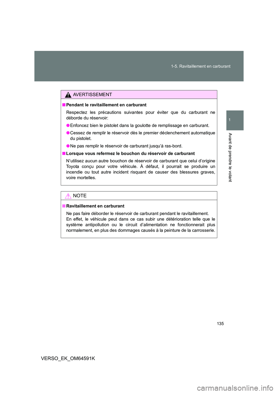 TOYOTA VERSO 2016  Notices Demploi (in French) 135 
1-5. Ravitaillement en carburant
1
Avant de prendre le volant
VERSO_EK_OM64591K
AVERTISSEMENT
■ Pendant le ravitaillement en carburant 
Respectez les précautions suivantes pour éviter que du 