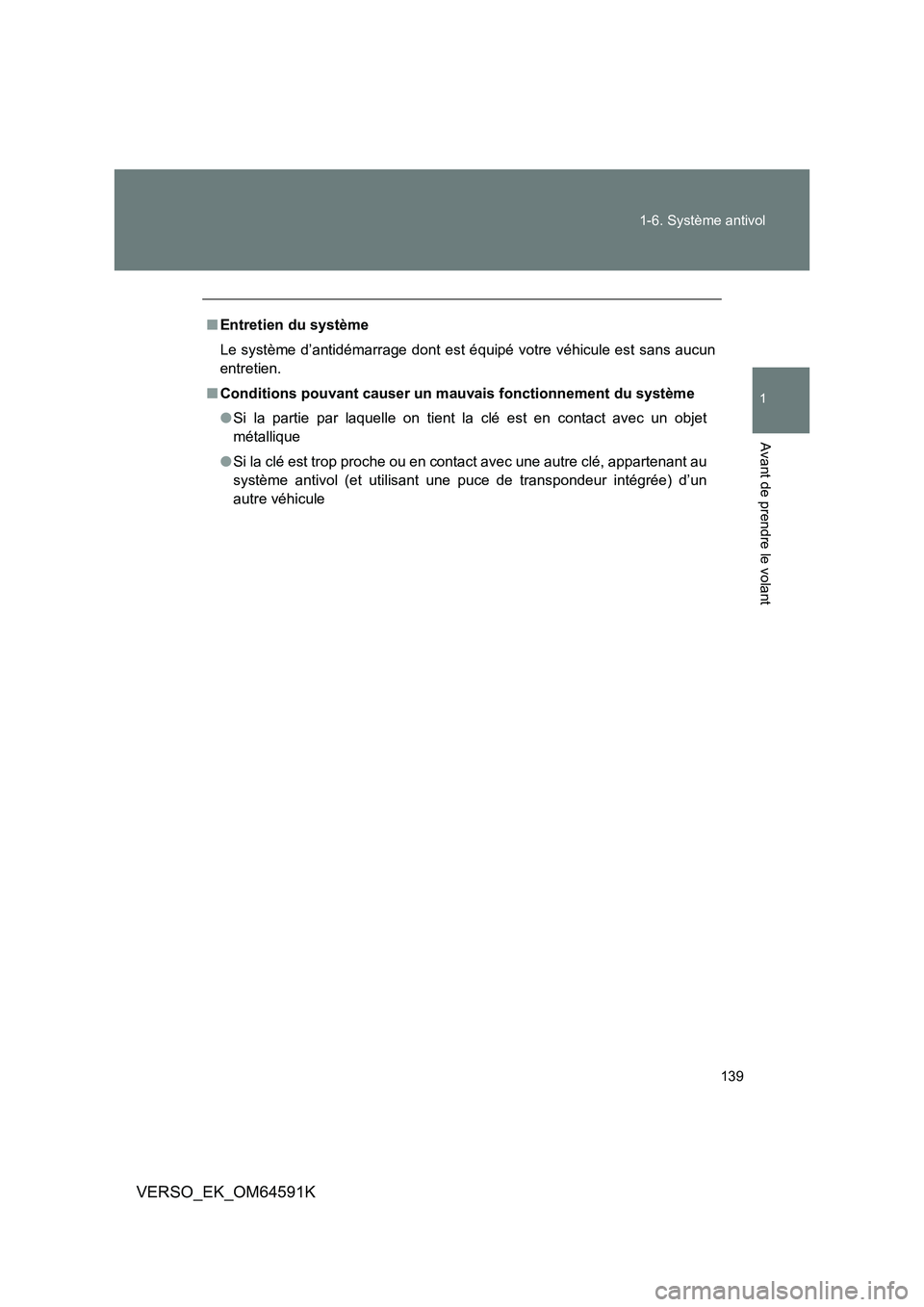 TOYOTA VERSO 2016  Notices Demploi (in French) 139 
1-6. Système antivol
1
Avant de prendre le volant
VERSO_EK_OM64591K
■ Entretien du système 
Le système d’antidémarrage dont est  équipé votre véhicule est sans aucun 
entretien. 
■ C