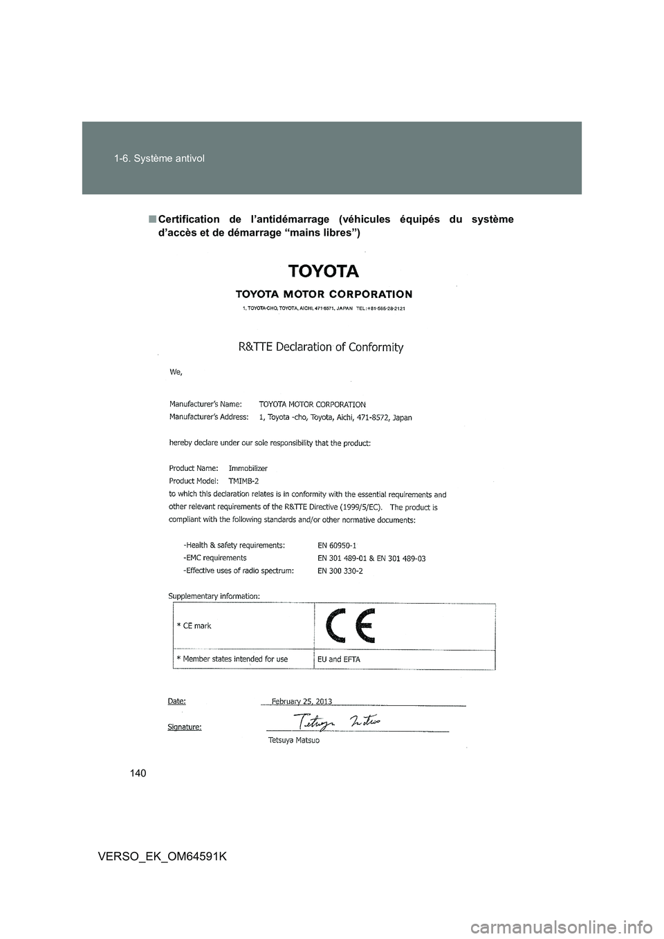TOYOTA VERSO 2016  Notices Demploi (in French) 140 
1-6. Système antivol
VERSO_EK_OM64591K
■ Certification de l’antidémarrage (véhicules équipés du système 
d’accès et de démarrage “mains libres”) 