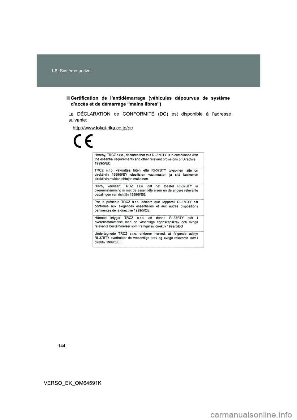TOYOTA VERSO 2016  Notices Demploi (in French) 144 
1-6. Système antivol
VERSO_EK_OM64591K
■ Certification de l’antidémarrage (véhicules dépourvus de système 
d’accès et de démarrage “mains libres”)
La DÉCLARATION de CONFORMITÉ 