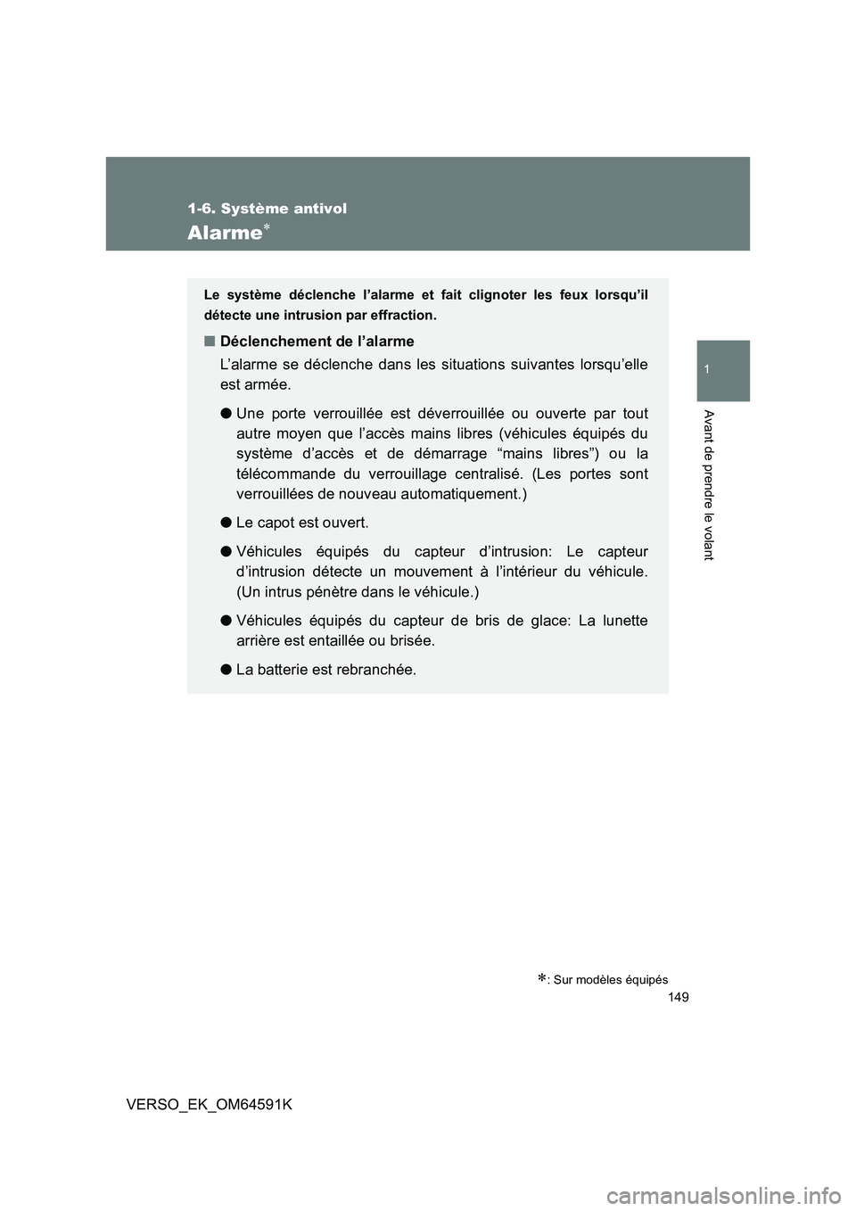 TOYOTA VERSO 2016  Notices Demploi (in French) 149
1
1-6. Système antivol
Avant de prendre le volant
VERSO_EK_OM64591K
Alarme
: Sur modèles équipés
Le système déclenche l’alarme et fait clignoter les feux lorsqu’il 
détecte une in