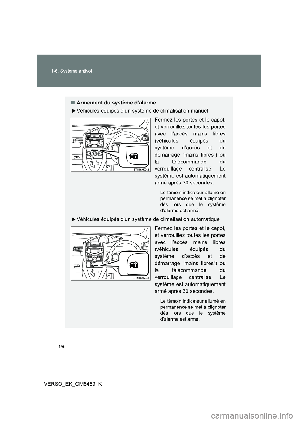 TOYOTA VERSO 2016  Notices Demploi (in French) 150 
1-6. Système antivol
VERSO_EK_OM64591K
■ Armement du système d’alarme 
Véhicules équipés d’un système de climatisation manuel 
Fermez les portes et le capot, 
et verrouillez toutes le
