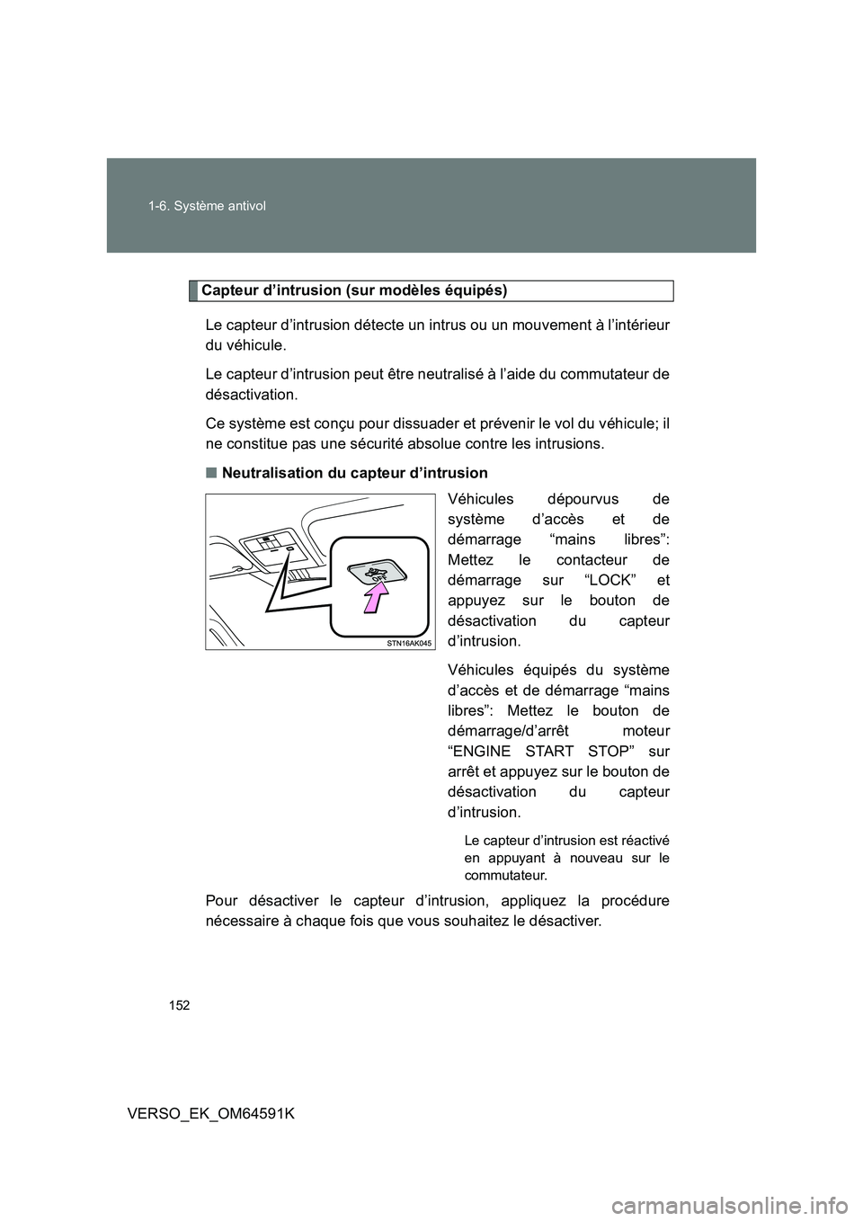 TOYOTA VERSO 2016  Notices Demploi (in French) 152 
1-6. Système antivol
VERSO_EK_OM64591K
Capteur d’intrusion (sur modèles équipés) 
Le capteur d’intrusion détecte un intrus ou un mouvement à l’intérieur 
du véhicule. 
Le capteur d