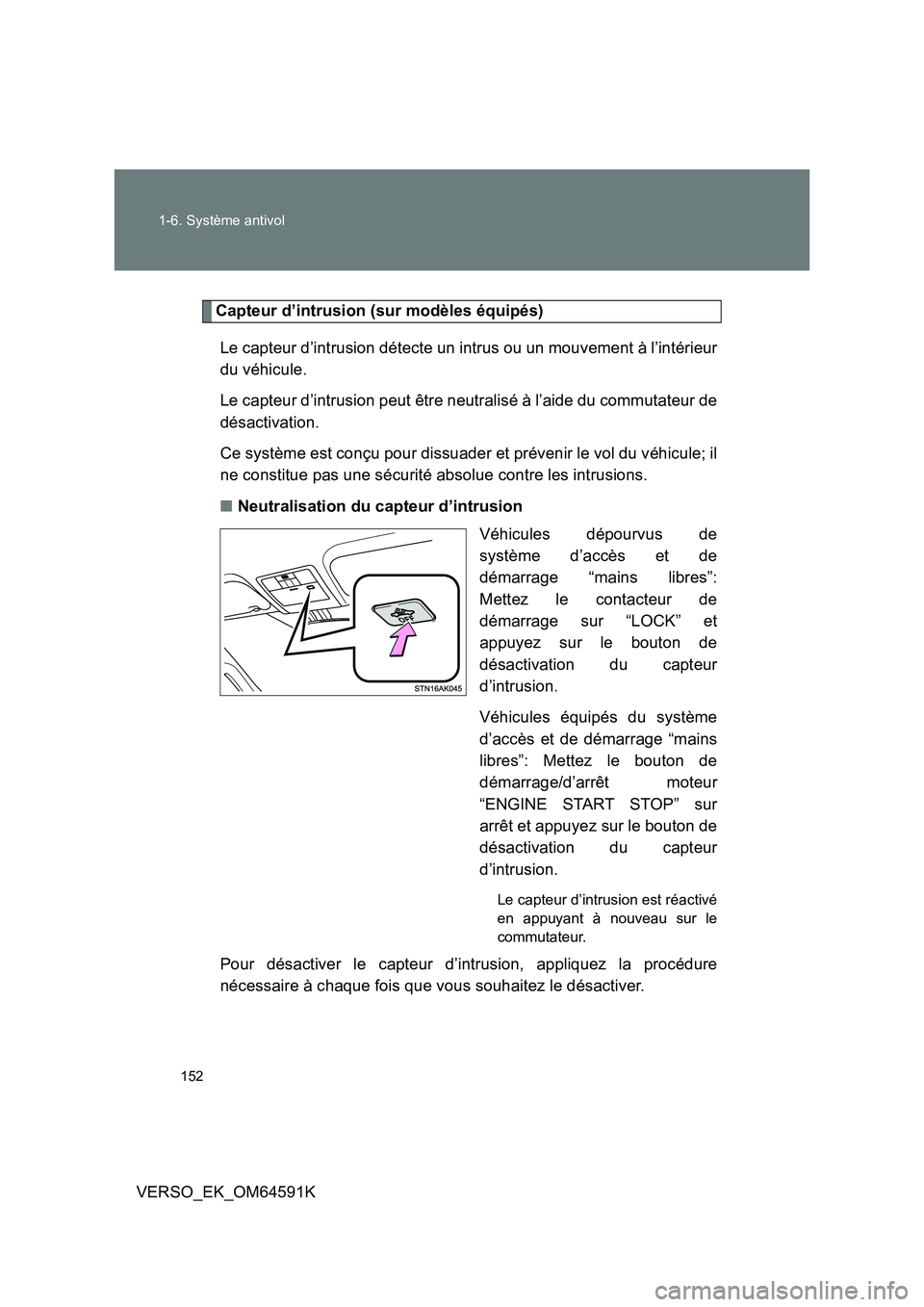 TOYOTA VERSO 2016  Notices Demploi (in French) 152 
1-6. Système antivol
VERSO_EK_OM64591K
Capteur d’intrusion (sur modèles équipés) 
Le capteur d’intrusion détecte un intrus ou un mouvement à l’intérieur 
du véhicule. 
Le capteur d�