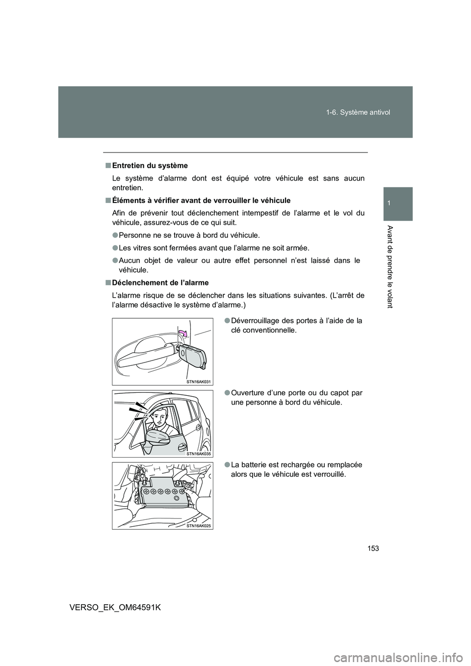 TOYOTA VERSO 2016  Notices Demploi (in French) 153 
1-6. Système antivol
1
Avant de prendre le volant
VERSO_EK_OM64591K
■ Entretien du système 
Le système d’alarme dont est équipé votre véhicule est sans aucun 
entretien. 
■ Éléments