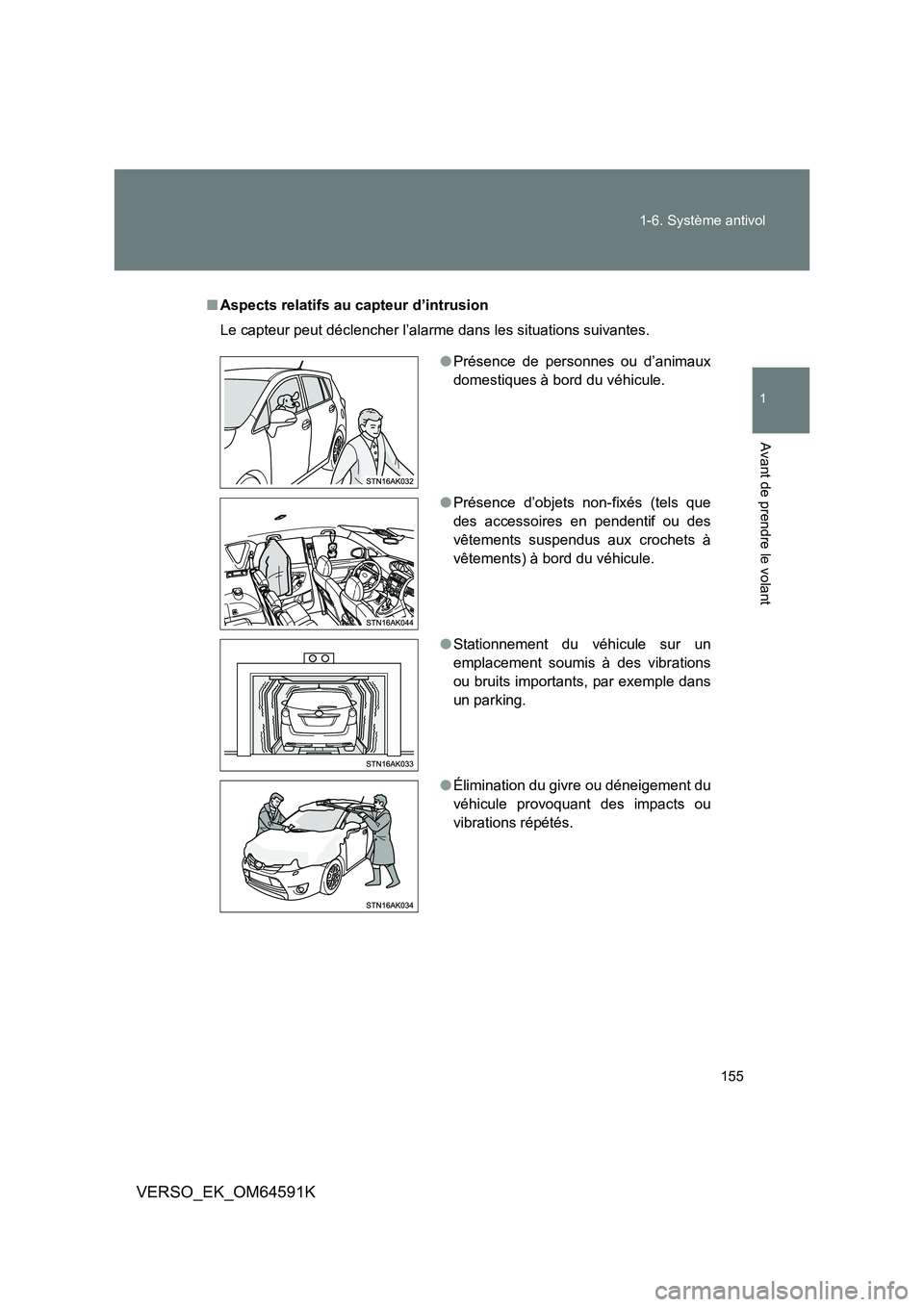 TOYOTA VERSO 2016  Notices Demploi (in French) 155 
1-6. Système antivol
1
Avant de prendre le volant
VERSO_EK_OM64591K
■ Aspects relatifs au capteur d’intrusion 
Le capteur peut déclencher l’alarme dans les situations suivantes.
● Prés