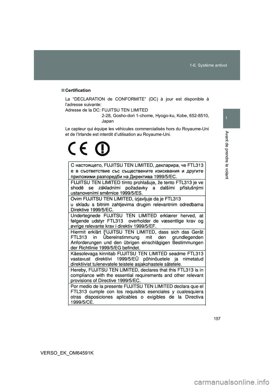 TOYOTA VERSO 2016  Notices Demploi (in French) 157 
1-6. Système antivol
1
Avant de prendre le volant
VERSO_EK_OM64591K
■ Certification
Le capteur qui équipe les véhicules commercialisés hors du Royaume-Uni 
et de l’Irlande est interdit d