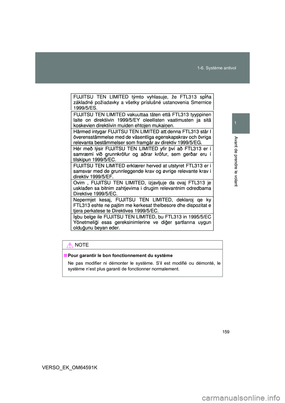 TOYOTA VERSO 2016  Notices Demploi (in French) 159 
1-6. Système antivol
1
Avant de prendre le volant
VERSO_EK_OM64591K
NOTE
■ Pour garantir le bon fonctionnement du système 
Ne pas modifier ni démonter le syst ème. S’il est modifié ou d