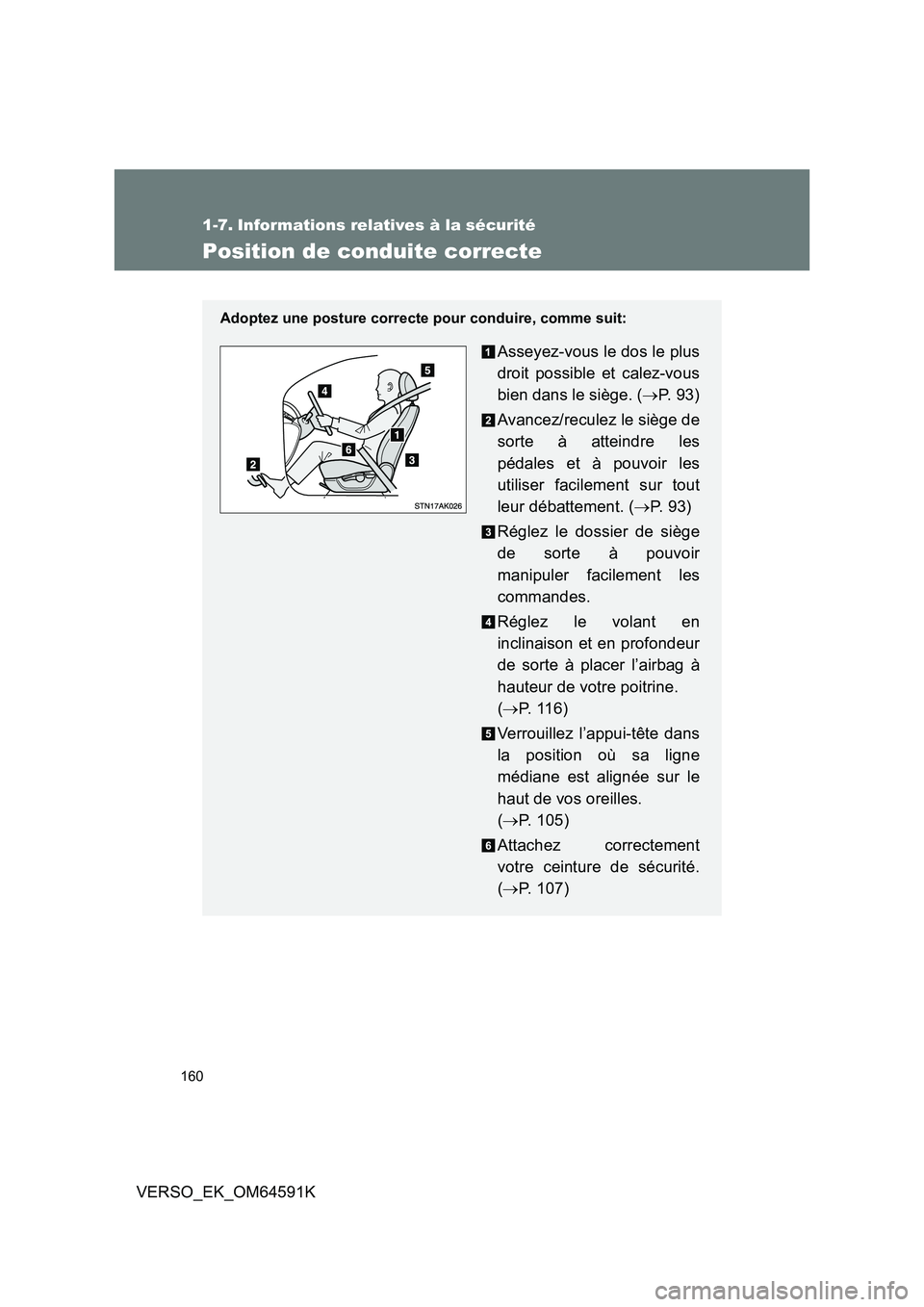TOYOTA VERSO 2016  Notices Demploi (in French) 160
VERSO_EK_OM64591K
1-7. Informations relatives à la sécurité
Position de conduite correcte
Adoptez une posture correcte pour conduire, comme suit:
Asseyez-vous le dos le plus 
droit possible et 