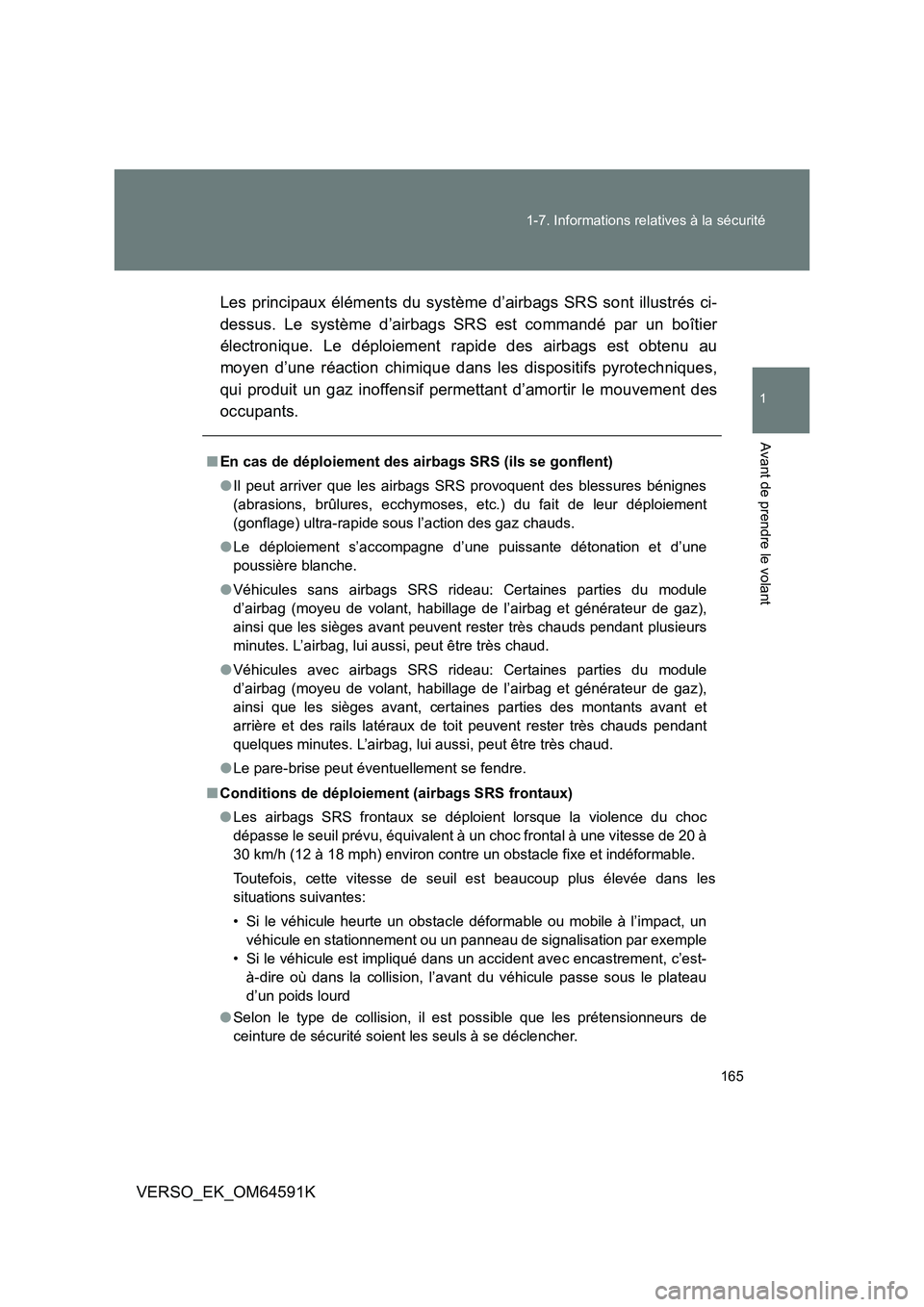 TOYOTA VERSO 2016  Notices Demploi (in French) 165 
1-7. Informations relatives à la sécurité
1
Avant de prendre le volant
VERSO_EK_OM64591K 
Les principaux éléments du système d’airbags SRS sont illustrés ci- 
dessus. Le système d’air