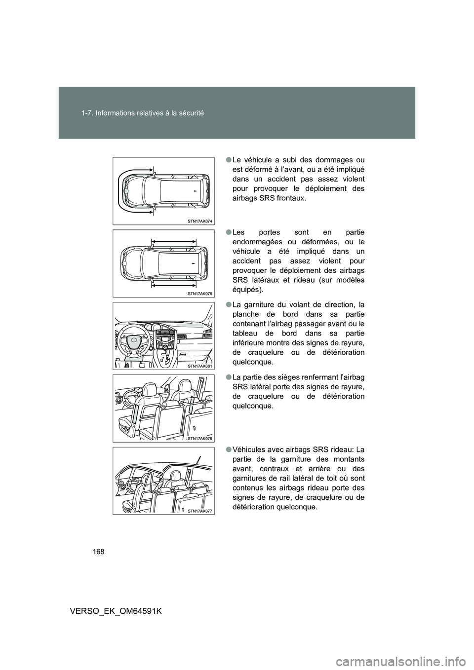 TOYOTA VERSO 2016  Notices Demploi (in French) 168 
1-7. Informations relatives à la sécurité
VERSO_EK_OM64591K
● Le véhicule a subi des dommages ou 
est déformé à l’avant, ou a été impliqué
dans un accident pas assez violent
pour pr