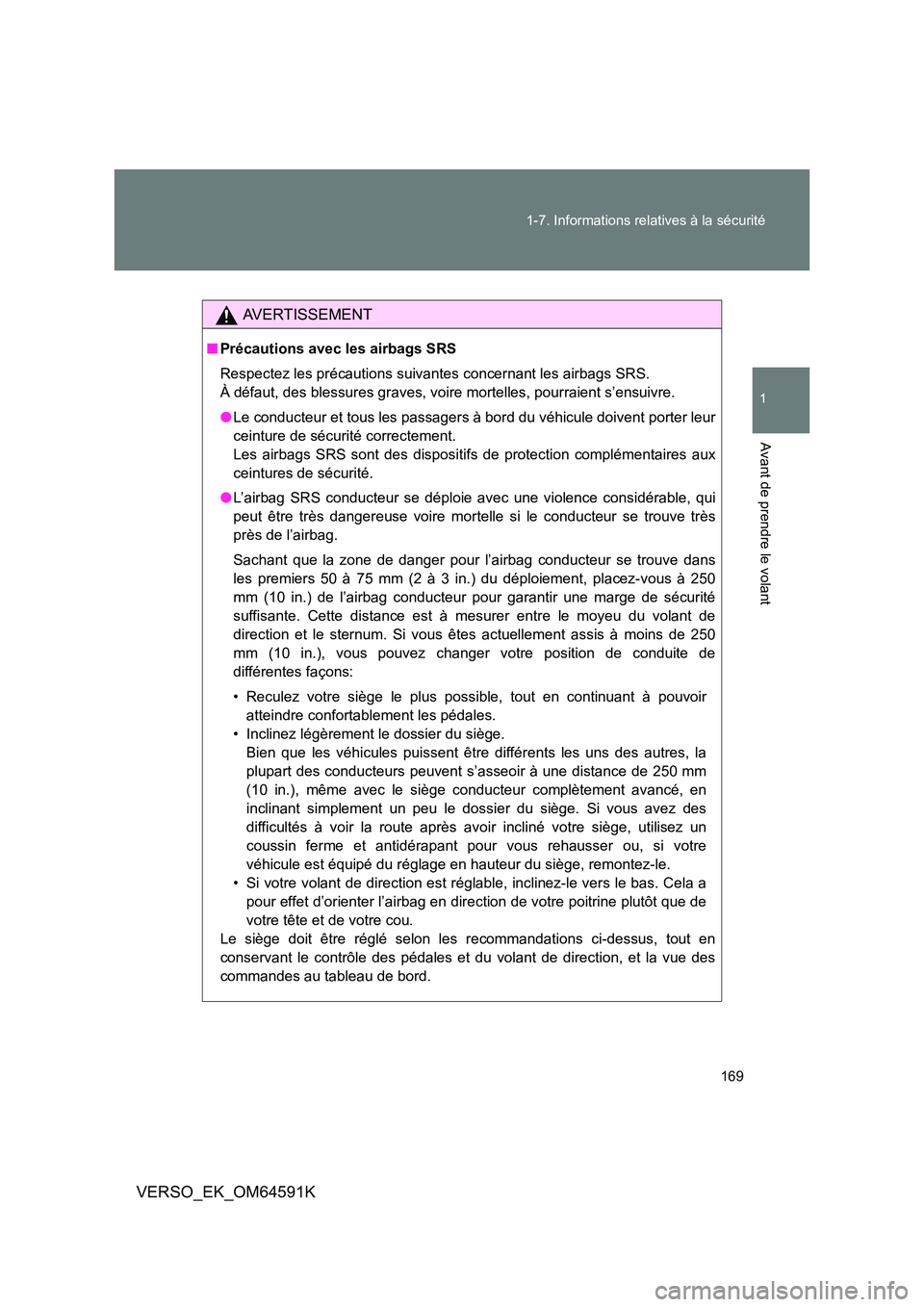TOYOTA VERSO 2016  Notices Demploi (in French) 169 
1-7. Informations relatives à la sécurité
1
Avant de prendre le volant
VERSO_EK_OM64591K
AVERTISSEMENT
■ Précautions avec les airbags SRS 
Respectez les précautions suivantes concernant le