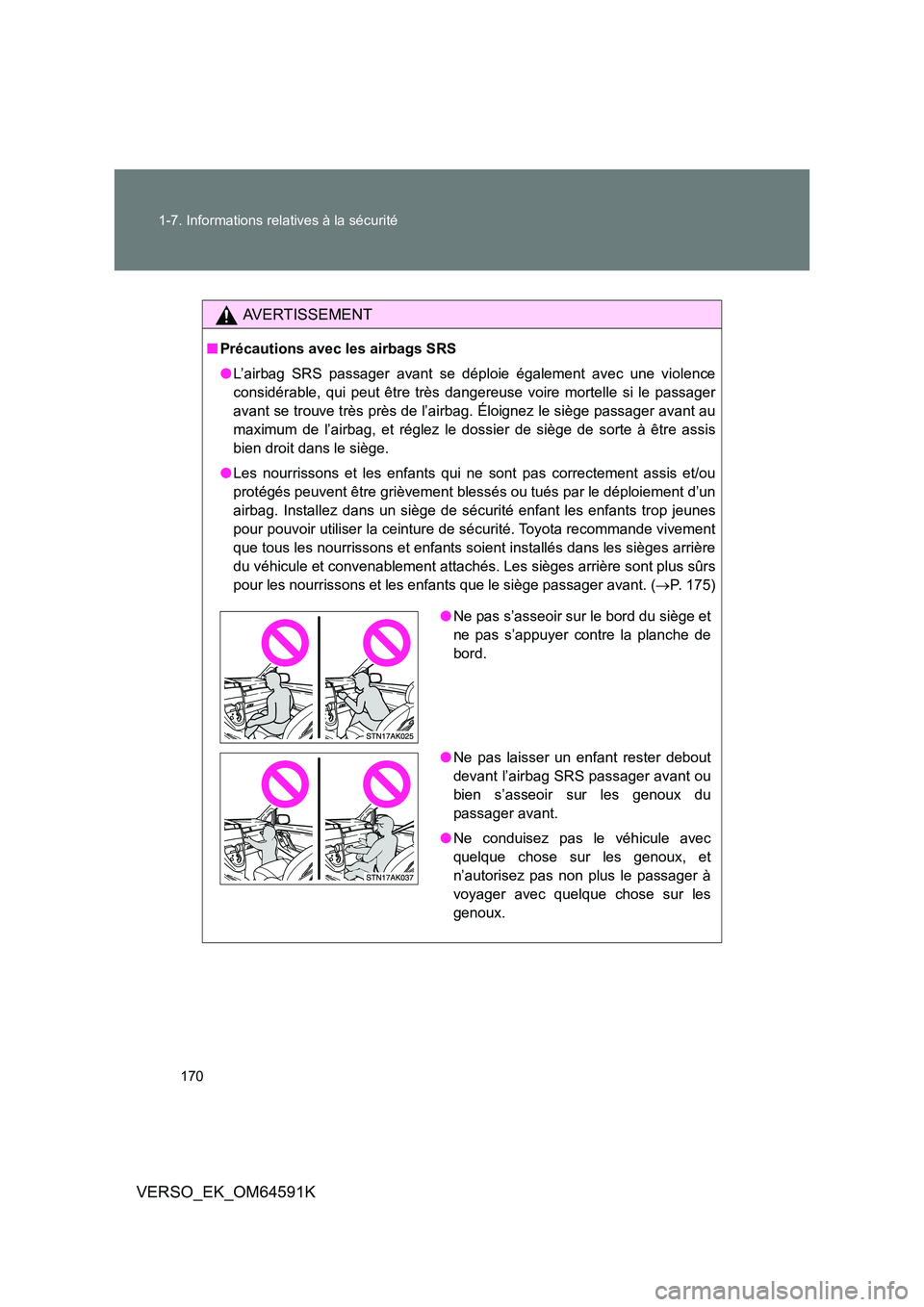 TOYOTA VERSO 2016  Notices Demploi (in French) 170 
1-7. Informations relatives à la sécurité
VERSO_EK_OM64591K
AVERTISSEMENT
■ Précautions avec les airbags SRS 
● L’airbag SRS passager avant se déploie également avec une violence 
con