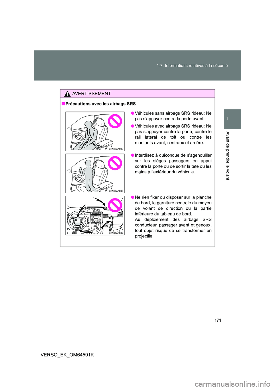 TOYOTA VERSO 2016  Notices Demploi (in French) 171 
1-7. Informations relatives à la sécurité
1
Avant de prendre le volant
VERSO_EK_OM64591K
AVERTISSEMENT
■ Précautions avec les airbags SRS
●Véhicules sans airbags SRS rideau: Ne 
pas s’