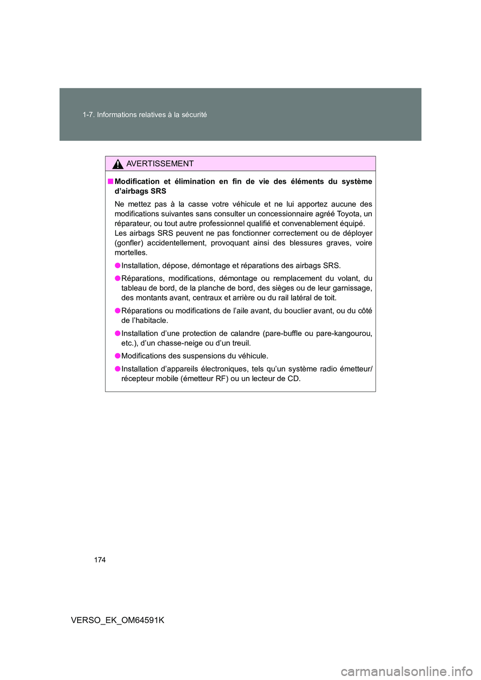 TOYOTA VERSO 2016  Notices Demploi (in French) 174 
1-7. Informations relatives à la sécurité
VERSO_EK_OM64591K
AVERTISSEMENT
■ Modification et élimination en fin de vie des éléments du système 
d’airbags SRS 
Ne mettez pas à la casse 