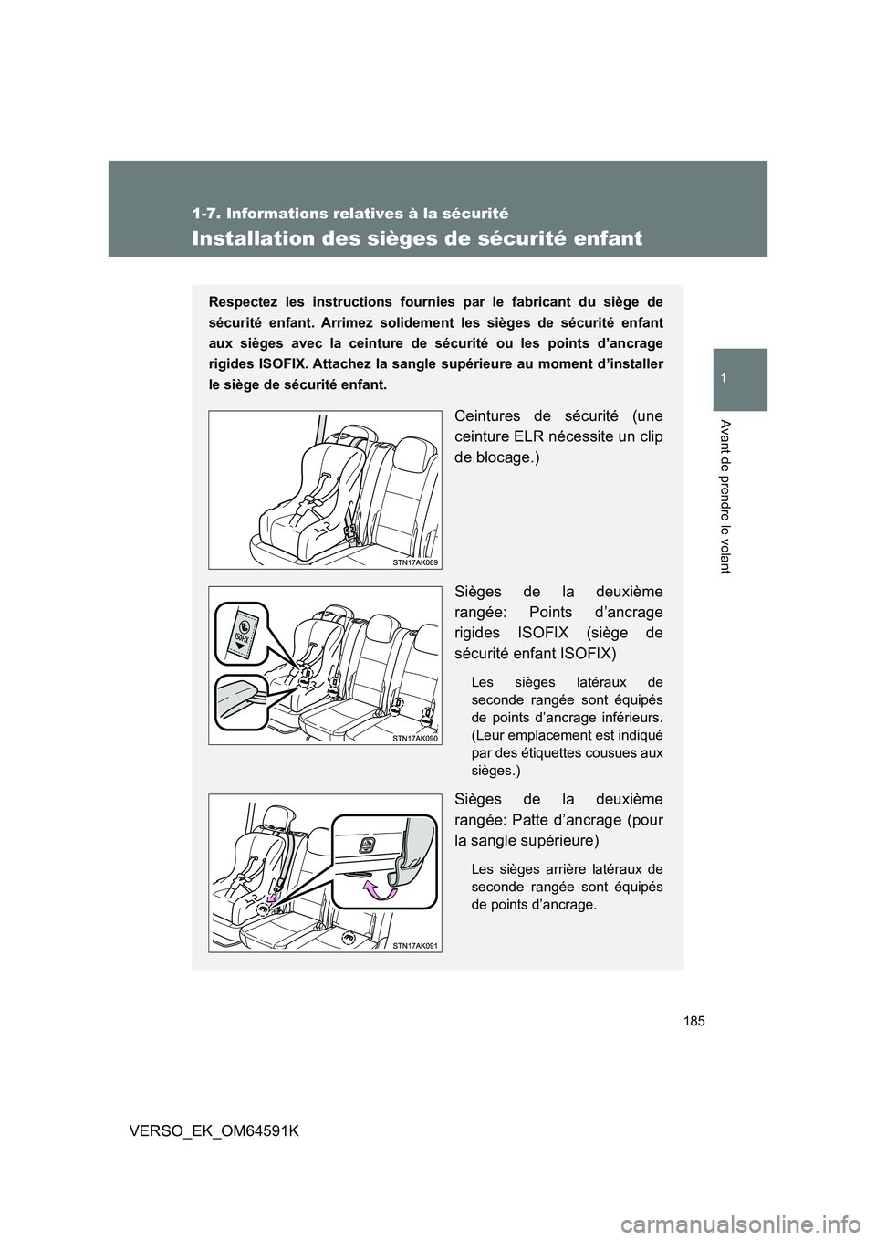 TOYOTA VERSO 2016  Notices Demploi (in French) 185
1
1-7. Informations relatives à la sécurité
Avant de prendre le volant
VERSO_EK_OM64591K
Installation des sièges de sécurité enfant
Respectez les instructions fournies par le fabricant du si