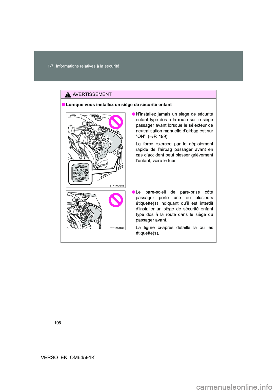 TOYOTA VERSO 2016  Notices Demploi (in French) 196 
1-7. Informations relatives à la sécurité
VERSO_EK_OM64591K
AVERTISSEMENT
■ Lorsque vous installez un siège de sécurité enfant
●N’installez jamais un siège de sécurité 
enfant type