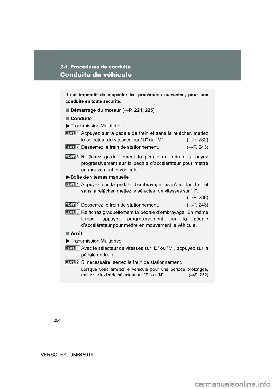 TOYOTA VERSO 2016  Notices Demploi (in French) 204
VERSO_EK_OM64591K
2-1. Procédures de conduite
Conduite du véhicule
Il est impératif de respecter les procédures suivantes, pour une 
conduite en toute sécurité.
■ Démarrage du moteur (