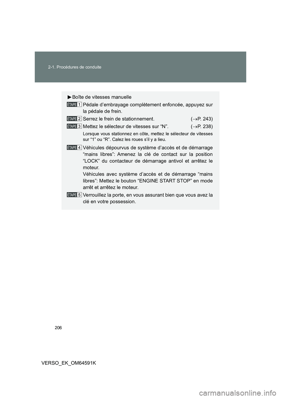 TOYOTA VERSO 2016  Notices Demploi (in French) 206 
2-1. Procédures de conduite
VERSO_EK_OM64591K
Boîte de vitesses manuelle 
Pédale d’embrayage complètement enfoncée, appuyez sur 
la pédale de frein. 
Serrez le frein de stationnement.  ( 