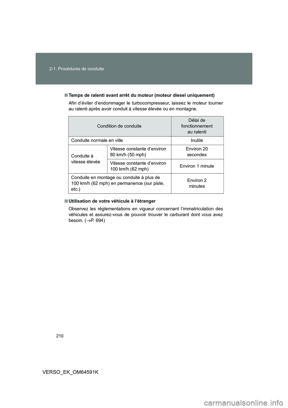 TOYOTA VERSO 2016  Notices Demploi (in French) 210 
2-1. Procédures de conduite
VERSO_EK_OM64591K
■ Temps de ralenti avant arrêt du moteur (moteur diesel uniquement) 
Afin d’éviter d’endommager le turbocom presseur, laissez le moteur tour