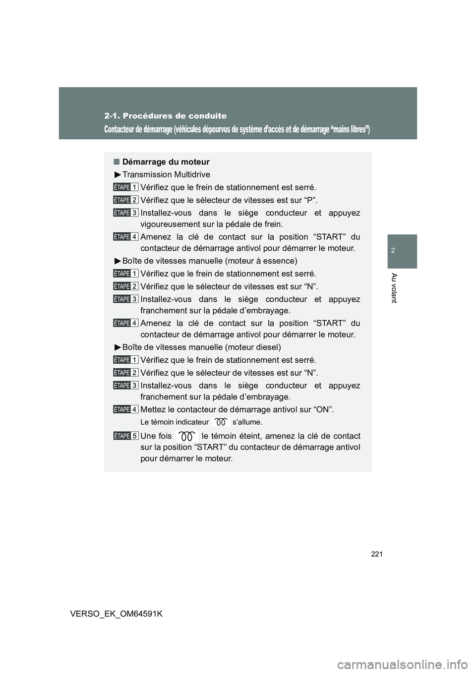 TOYOTA VERSO 2016  Notices Demploi (in French) 221
2-1. Procédures de conduite
2
Au volant
VERSO_EK_OM64591K
Contacteur de démarrage (véhicules dépourvus de système d’accès et de démarrage “mains libres”)
■Démarrage du moteur 
Tran