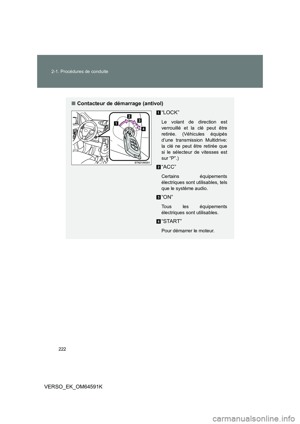 TOYOTA VERSO 2016  Notices Demploi (in French) 222 
2-1. Procédures de conduite
VERSO_EK_OM64591K
■ Contacteur de démarrage (antivol) 
“LOCK”
Le volant de direction est 
verrouillé et la clé peut être
retirée. (Véhicules équipés
d
