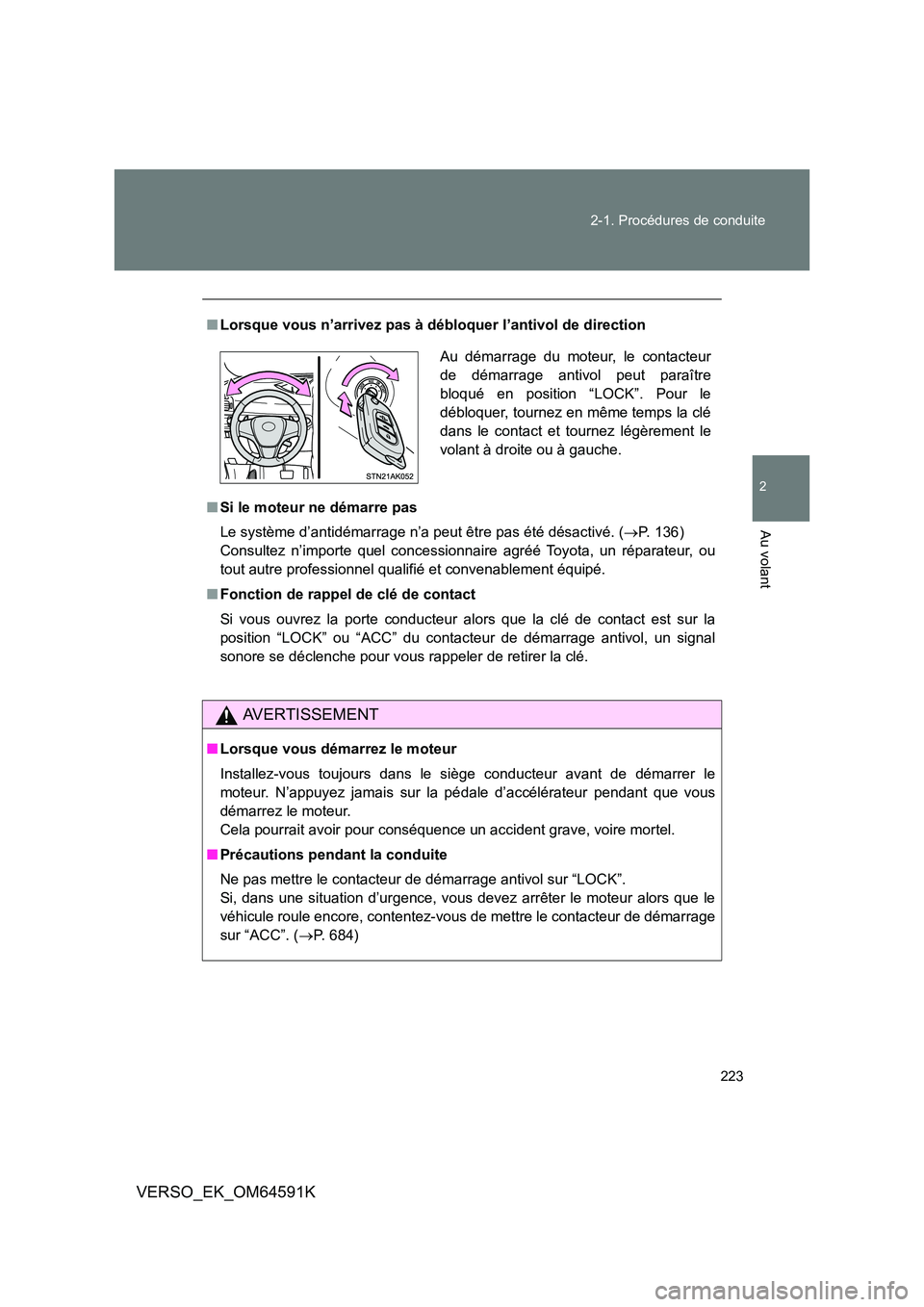 TOYOTA VERSO 2016  Notices Demploi (in French) 223 
2-1. Procédures de conduite
2
Au volant
VERSO_EK_OM64591K
■ Lorsque vous n’arrivez pas à débloquer l’antivol de direction 
■ Si le moteur ne démarre pas 
Le système d’antidémarrag