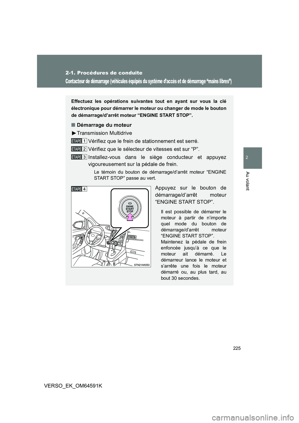 TOYOTA VERSO 2016  Notices Demploi (in French) 225
2-1. Procédures de conduite
2
Au volant
VERSO_EK_OM64591K
Contacteur de démarrage (véhicules équipés du système d’accès et de démarrage “mains libres”)
Effectuez les opérations suiv