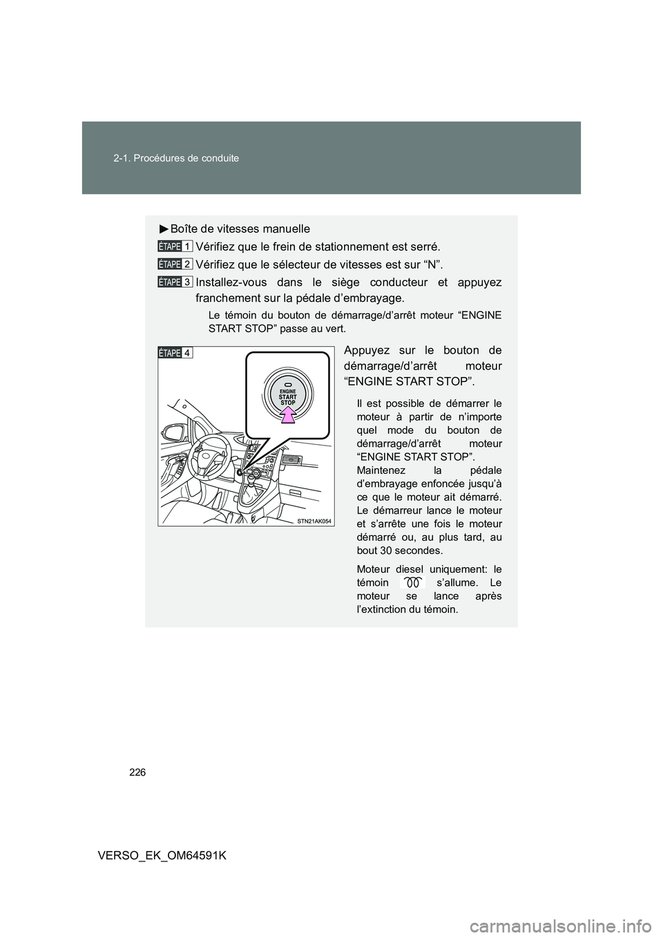 TOYOTA VERSO 2016  Notices Demploi (in French) 226 
2-1. Procédures de conduite
VERSO_EK_OM64591K
Boîte de vitesses manuelle 
Vérifiez que le frein de stationnement est serré. 
Vérifiez que le sélecteur de vitesses est sur “N”. 
Installe