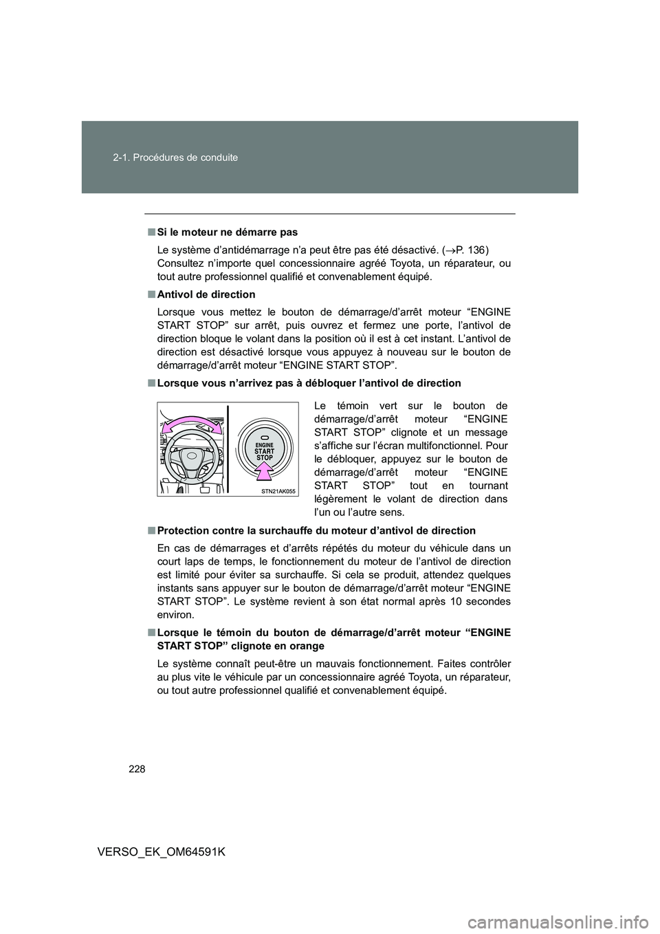 TOYOTA VERSO 2016  Notices Demploi (in French) 228 
2-1. Procédures de conduite
VERSO_EK_OM64591K
■ Si le moteur ne démarre pas 
Le système d’antidémarrage n’a peut être pas été désactivé. ( P.  1 3 6 )   
Consultez n’importe q