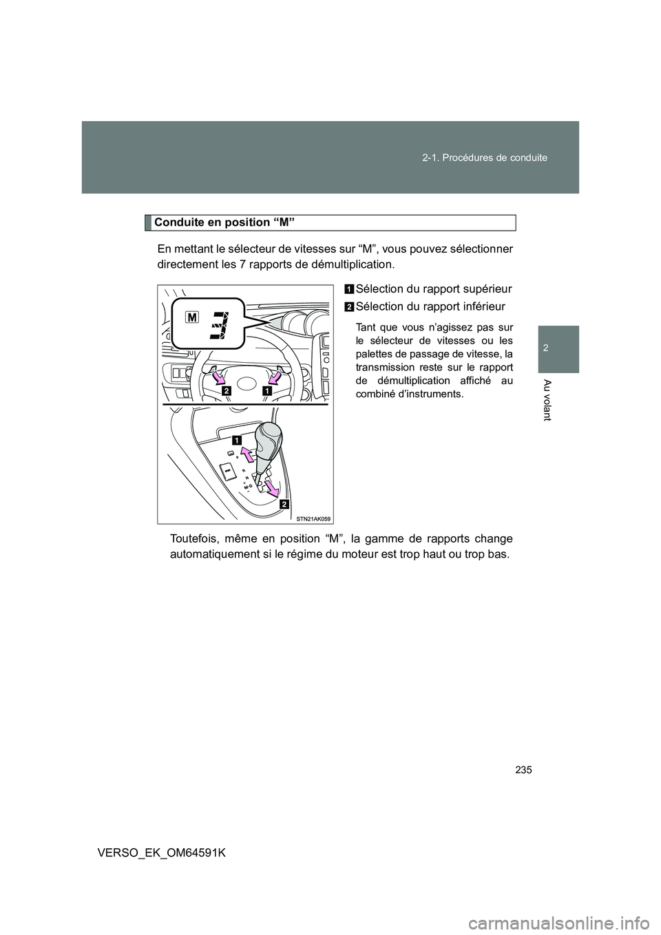 TOYOTA VERSO 2016  Notices Demploi (in French) 235 
2-1. Procédures de conduite
2
Au volant
VERSO_EK_OM64591K
Conduite en position “M” 
En mettant le sélecteur de vitesses sur “M”, vous pouvez sélectionner 
directement les 7 rapports de