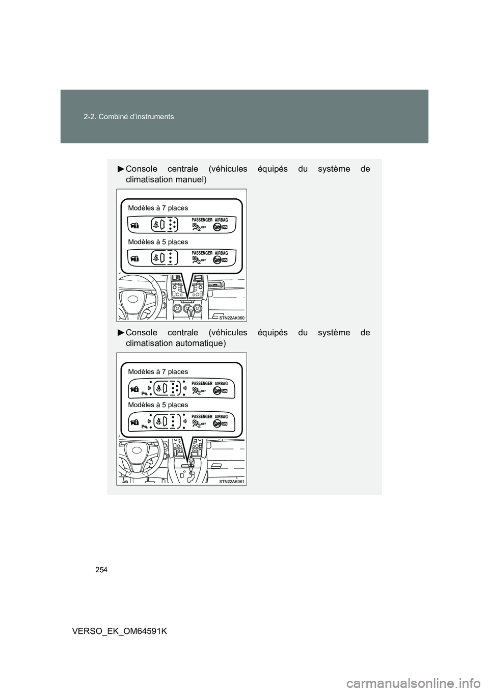 TOYOTA VERSO 2016 Notices Demploi (in French) 254
2-2. Combiné d’instruments
VERSO_EK_OM64591K
Console centrale (véhicules équipés du système de
climatisation manuel)
Console centrale (véhicules équipés du système de
climatisation TOYOTA VERSO 2016 Notices Demploi (in French) 254
2-2. Combiné d’instruments
VERSO_EK_OM64591K
Console centrale (véhicules équipés du système de
climatisation manuel)
Console centrale (véhicules équipés du système de
climatisation
