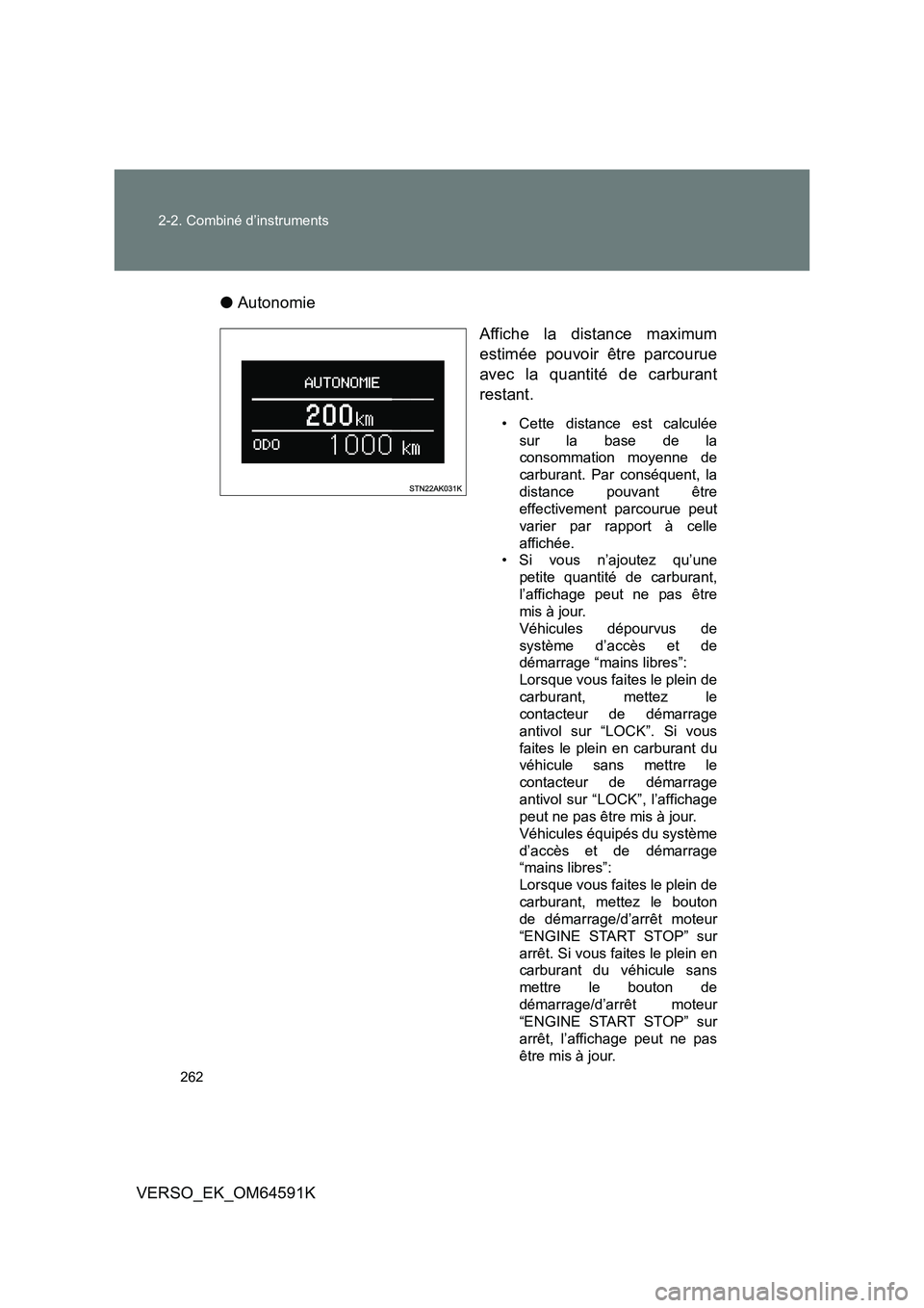 TOYOTA VERSO 2016 Notices Demploi (in French) 262
2-2. Combiné d’instruments
VERSO_EK_OM64591K
● Autonomie
Affiche la distance maximum
estimée pouvoir être parcourue
avec la quantité de carburant
restant.
• Cette distance est cal TOYOTA VERSO 2016 Notices Demploi (in French) 262
2-2. Combiné d’instruments
VERSO_EK_OM64591K
● Autonomie
Affiche la distance maximum
estimée pouvoir être parcourue
avec la quantité de carburant
restant.
• Cette distance est cal