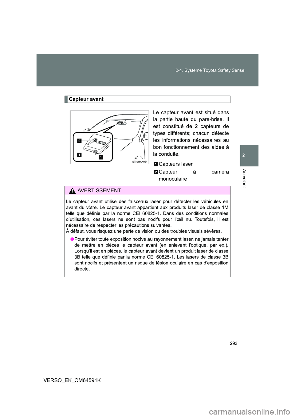 TOYOTA VERSO 2016  Notices Demploi (in French) 293 
2-4. Système Toyota Safety Sense
2
Au volant
VERSO_EK_OM64591K
Capteur avant 
Le capteur avant est situé dans 
la partie haute du pare-brise. Il 
est constitué de 2 capteurs de
types différen