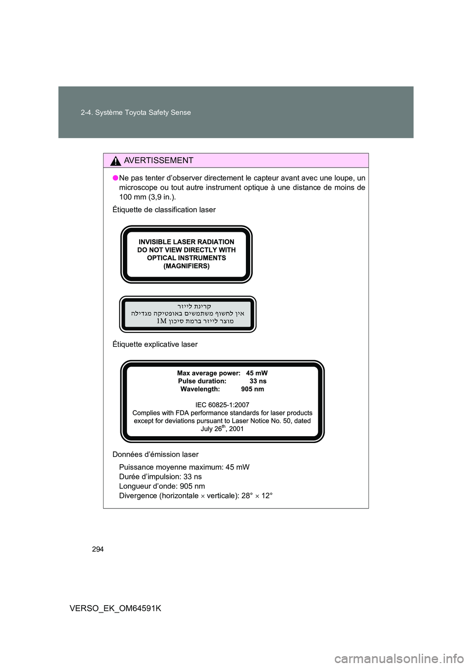 TOYOTA VERSO 2016  Notices Demploi (in French) 294 
2-4. Système Toyota Safety Sense
VERSO_EK_OM64591K
AVERTISSEMENT
● Ne pas tenter d’observer directement le capteur avant avec une loupe, un 
microscope ou tout autre instrument optique à un