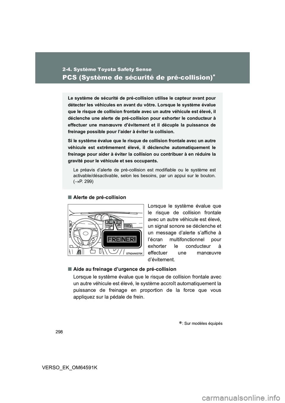 TOYOTA VERSO 2016  Notices Demploi (in French) 298
2-4. Système Toyota Safety Sense
VERSO_EK_OM64591K
PCS (Système de sécurité de pré-collision)
■Alerte de pré-collision 
Lorsque le système évalue que 
le risque de collision frontale
