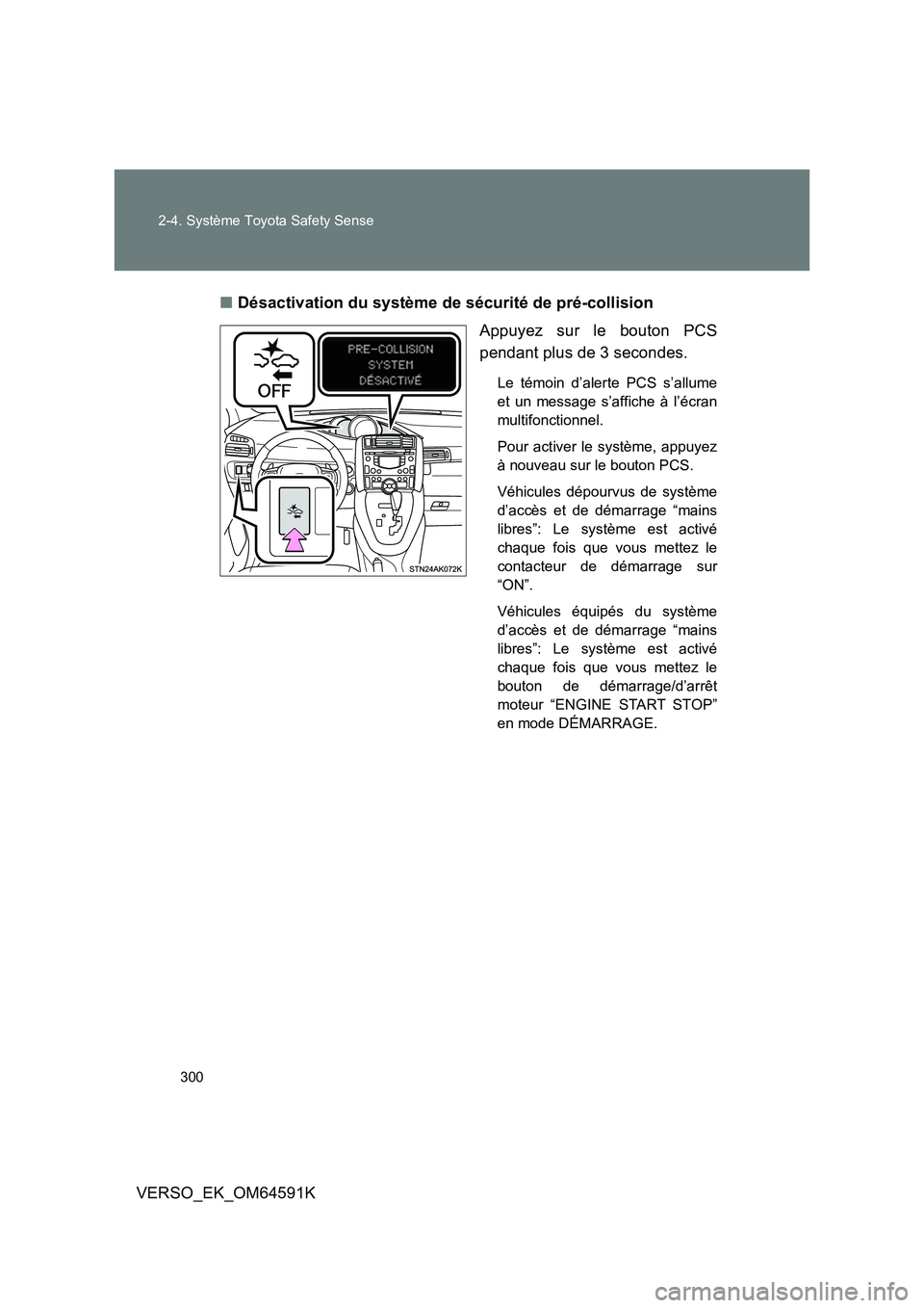 TOYOTA VERSO 2016  Notices Demploi (in French) 300 
2-4. Système Toyota Safety Sense
VERSO_EK_OM64591K 
■ Désactivation du système de sécurité de pré-collision 
Appuyez sur le bouton PCS 
pendant plus de 3 secondes.
Le témoin d’alerte P