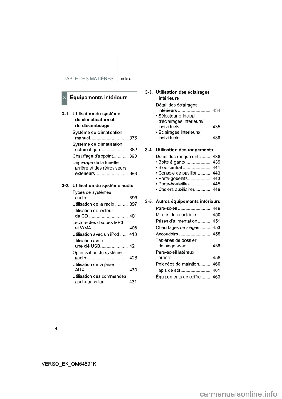 TOYOTA VERSO 2016  Notices Demploi (in French) TABLE DES MATIÈRESIndex
4
VERSO_EK_OM64591K
3-1. Utilisation du système  
de climatisation et 
du désembuage 
Système de climatisation  
manuel ..............................  376 
Système de cli