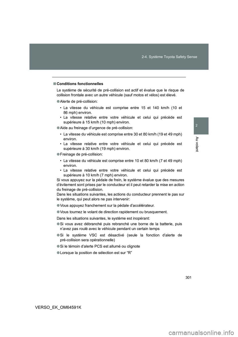 TOYOTA VERSO 2016 Notices Demploi (in French) 301
2-4. Système Toyota Safety Sense
2
Au volant
VERSO_EK_OM64591K
■ Conditions fonctionnelles
Le système de sécurité de pré-collision est actif et évalue que le risque de
collision frontal TOYOTA VERSO 2016 Notices Demploi (in French) 301
2-4. Système Toyota Safety Sense
2
Au volant
VERSO_EK_OM64591K
■ Conditions fonctionnelles
Le système de sécurité de pré-collision est actif et évalue que le risque de
collision frontal