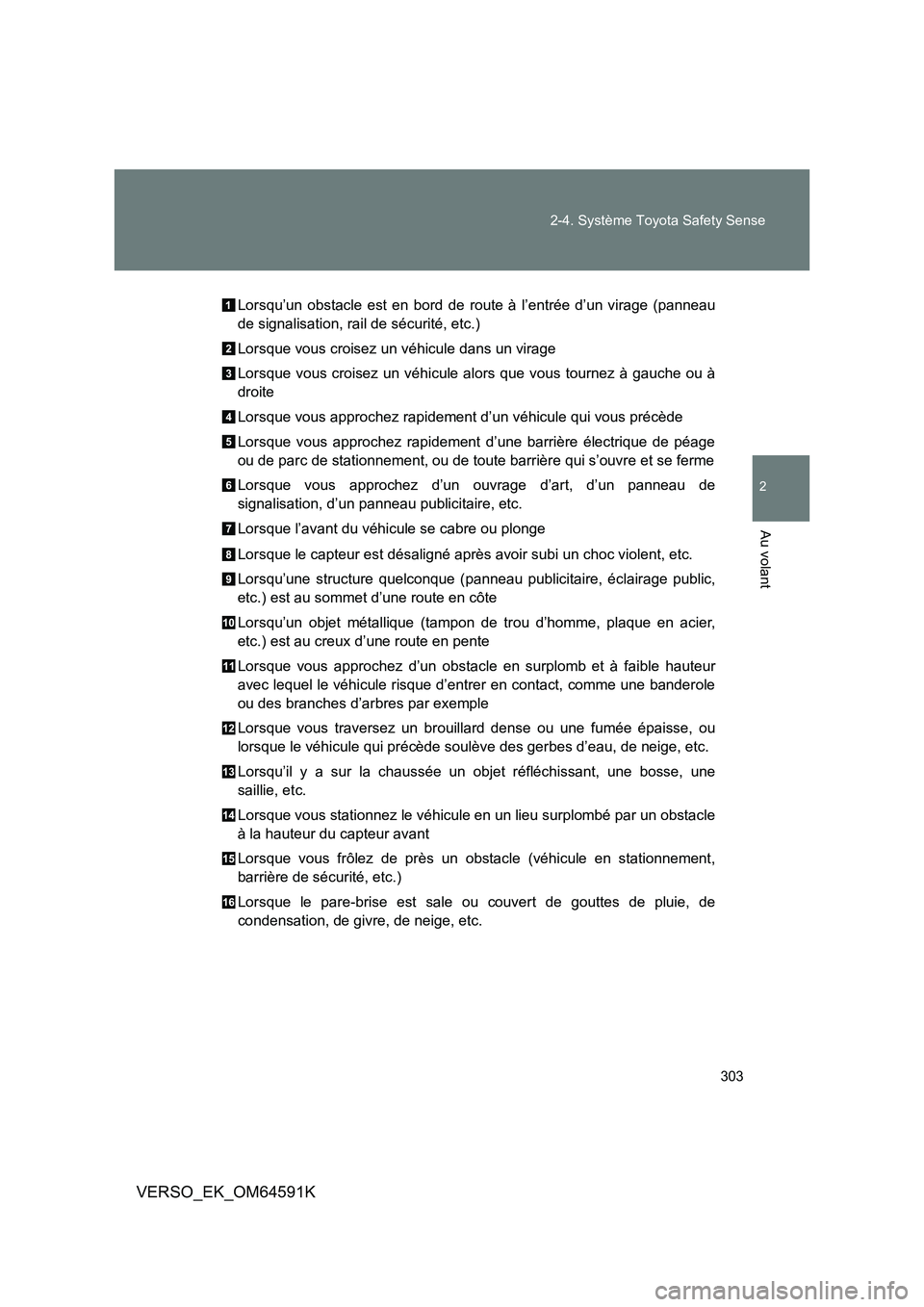 TOYOTA VERSO 2016 Notices Demploi (in French) 303
2-4. Système Toyota Safety Sense
2
Au volant
VERSO_EK_OM64591K
Lorsqu’un obstacle est en bord de route à l’entrée d’un virage (panneau
de signalisation, rail de sécurité, etc.)
Lors TOYOTA VERSO 2016 Notices Demploi (in French) 303
2-4. Système Toyota Safety Sense
2
Au volant
VERSO_EK_OM64591K
Lorsqu’un obstacle est en bord de route à l’entrée d’un virage (panneau
de signalisation, rail de sécurité, etc.)
Lors