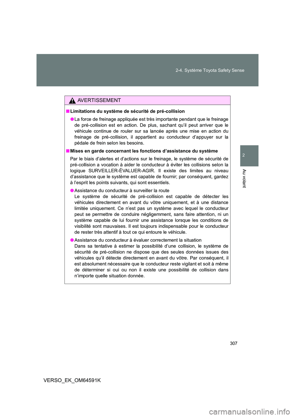 TOYOTA VERSO 2016 Notices Demploi (in French) 307
2-4. Système Toyota Safety Sense
2
Au volant
VERSO_EK_OM64591K
AVERTISSEMENT
■ Limitations du système de sécurité de pré-collision
● La force de freinage appliquée est très importante TOYOTA VERSO 2016 Notices Demploi (in French) 307
2-4. Système Toyota Safety Sense
2
Au volant
VERSO_EK_OM64591K
AVERTISSEMENT
■ Limitations du système de sécurité de pré-collision
● La force de freinage appliquée est très importante
