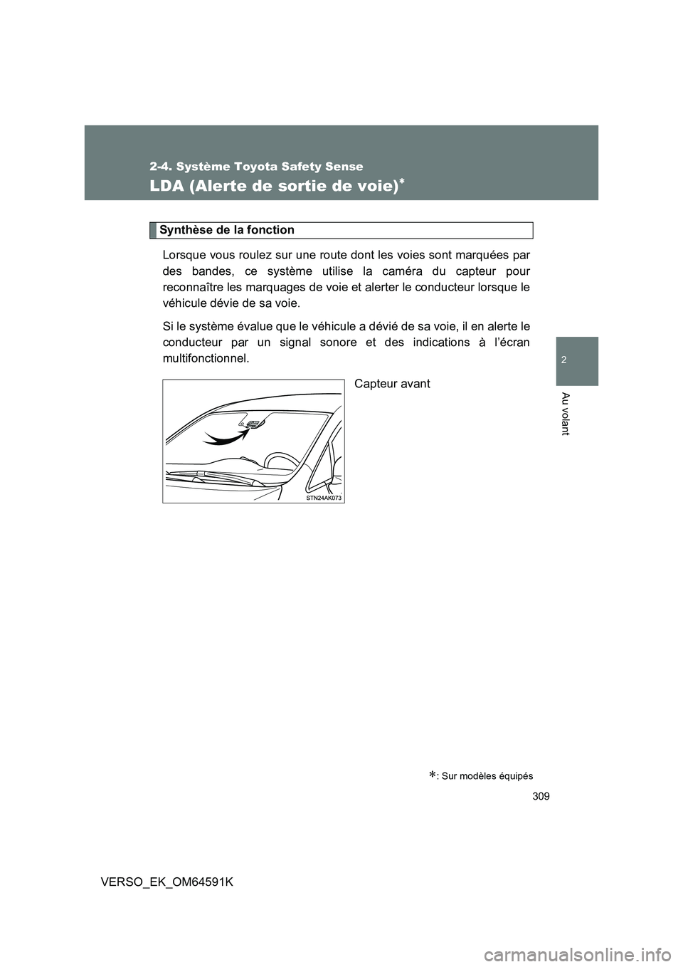TOYOTA VERSO 2016 Notices Demploi (in French) 309
2-4. Système Toyota Safety Sense
2
Au volant
VERSO_EK_OM64591K
LDA (Alerte de sortie de voie)
Synthèse de la fonction
Lorsque vous roulez sur une route dont les voies sont marquées par
des TOYOTA VERSO 2016 Notices Demploi (in French) 309
2-4. Système Toyota Safety Sense
2
Au volant
VERSO_EK_OM64591K
LDA (Alerte de sortie de voie)
Synthèse de la fonction
Lorsque vous roulez sur une route dont les voies sont marquées par
des