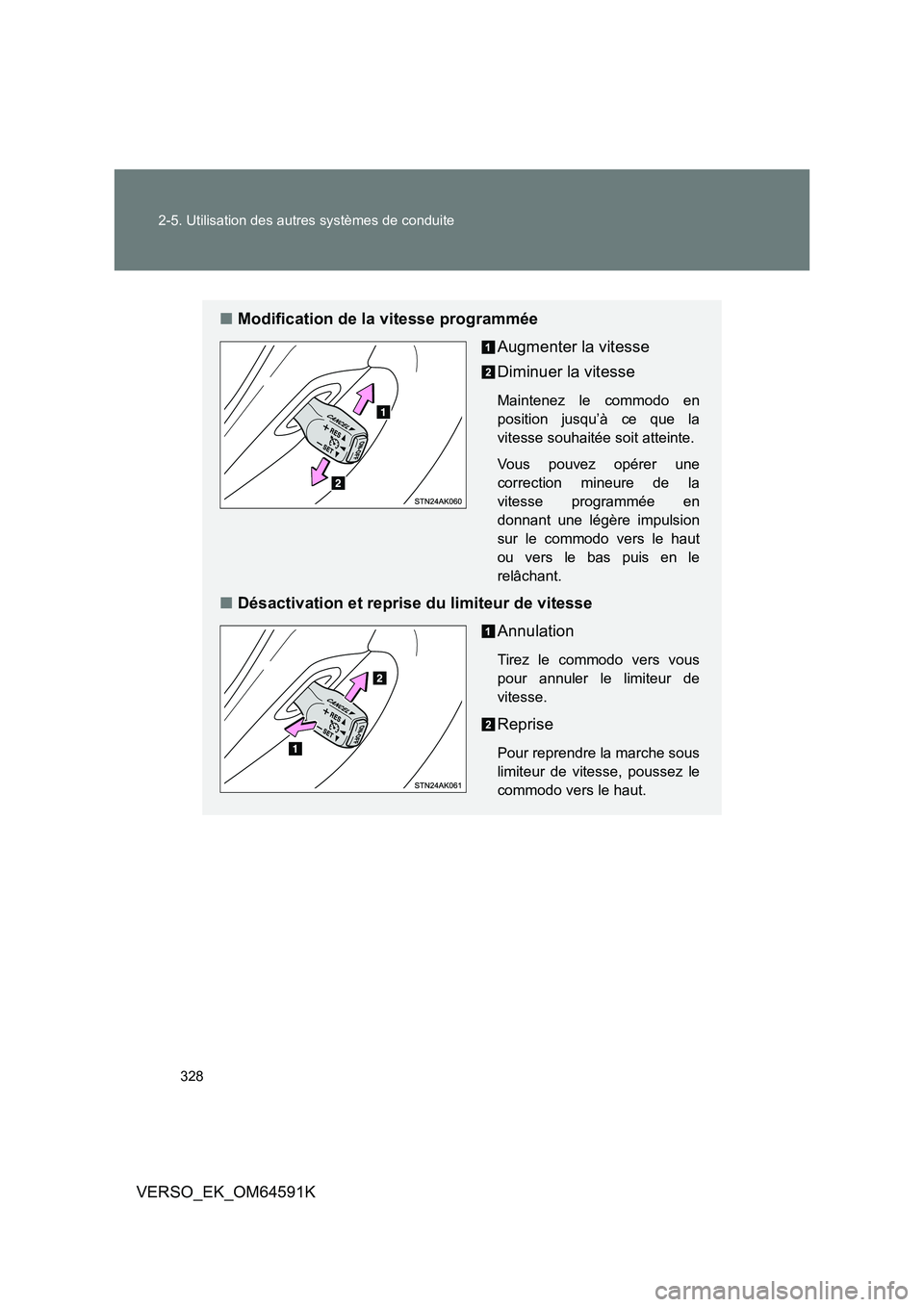 TOYOTA VERSO 2016  Notices Demploi (in French) 328 
2-5. Utilisation des autres systèmes de conduite
VERSO_EK_OM64591K
■ Modification de la vitesse programmée 
Augmenter la vitesse 
Diminuer la vitesse
Maintenez le commodo en 
position jusqu