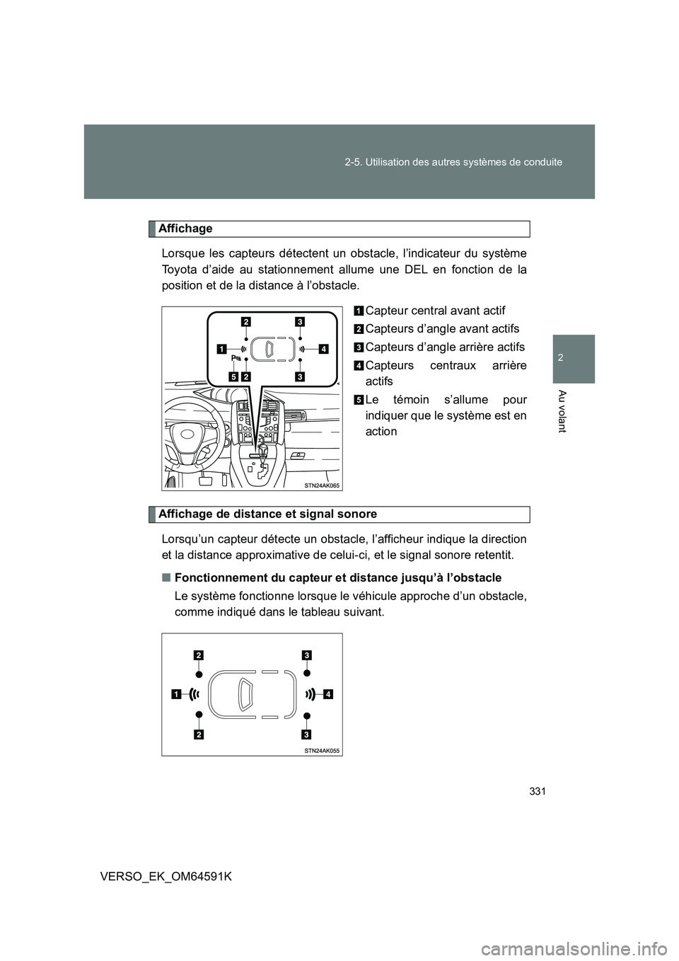 TOYOTA VERSO 2016 Notices Demploi (in French) 331
2-5. Utilisation des autres systèmes de conduite
2
Au volant
VERSO_EK_OM64591K
Affichage
Lorsque les capteurs détectent un obstacle, l’indicateur du système
Toyota d’aide au stationnemen TOYOTA VERSO 2016 Notices Demploi (in French) 331
2-5. Utilisation des autres systèmes de conduite
2
Au volant
VERSO_EK_OM64591K
Affichage
Lorsque les capteurs détectent un obstacle, l’indicateur du système
Toyota d’aide au stationnemen