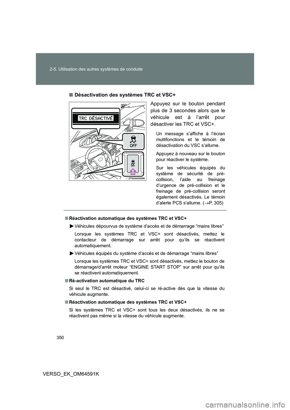 TOYOTA VERSO 2016 Notices Demploi (in French) 350
2-5. Utilisation des autres systèmes de conduite
VERSO_EK_OM64591K
■ Désactivation des systèmes TRC et VSC+
Appuyez sur le bouton pendant
plus de 3 secondes alors que le
véhicule est à TOYOTA VERSO 2016 Notices Demploi (in French) 350
2-5. Utilisation des autres systèmes de conduite
VERSO_EK_OM64591K
■ Désactivation des systèmes TRC et VSC+
Appuyez sur le bouton pendant
plus de 3 secondes alors que le
véhicule est à