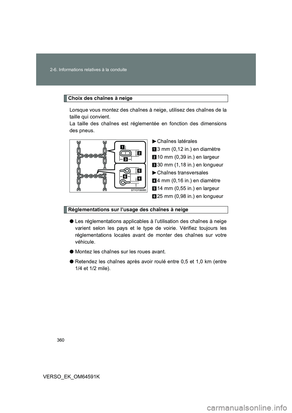 TOYOTA VERSO 2016 Notices Demploi (in French) 360
2-6. Informations relatives à la conduite
VERSO_EK_OM64591K
Choix des chaînes à neige
Lorsque vous montez des chaînes à neige, utilisez des chaînes de la
taille qui convient.
La taille TOYOTA VERSO 2016 Notices Demploi (in French) 360
2-6. Informations relatives à la conduite
VERSO_EK_OM64591K
Choix des chaînes à neige
Lorsque vous montez des chaînes à neige, utilisez des chaînes de la
taille qui convient.
La taille